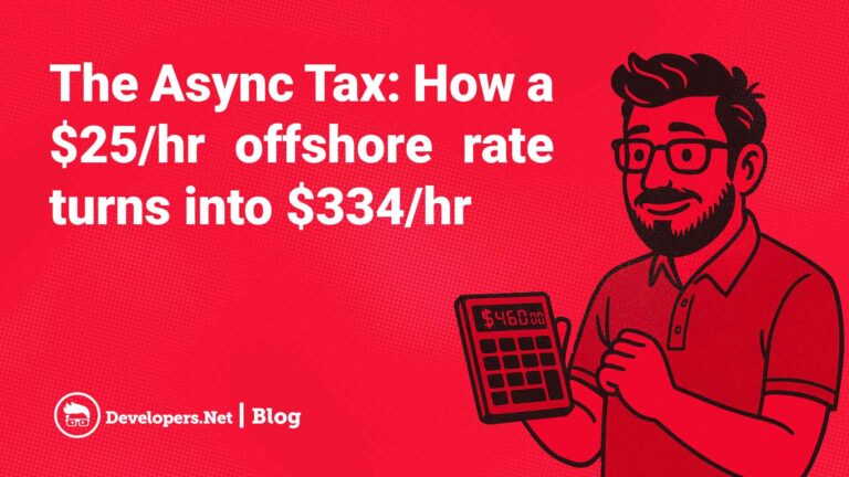 Red comic-style illustration of a 40-year-old nerdy man with glasses and a goatee, reviewing offshore development costs on a laptop, looking frustrated.