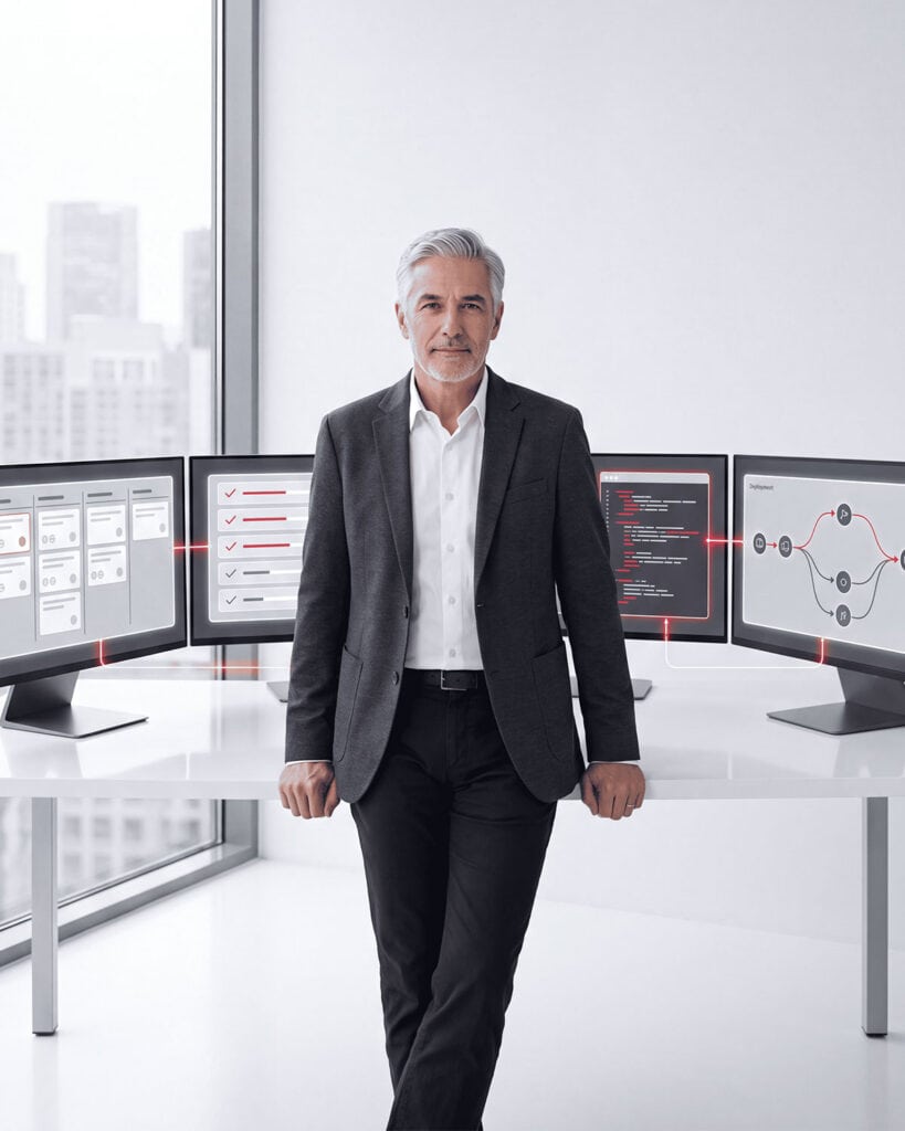 Senior technical lead standing between multiple monitors showing AI Pod project tracking and workflow automation