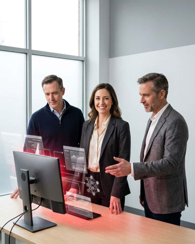 Nearshore engineering team collaborating with AI-assisted development tools around a holographic code display